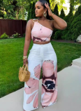 Printed One-Shoulder Slim-Fit Wide-Leg Trousers Two-Piece Set