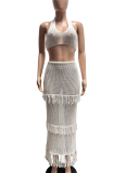Sexy Solid Color Knitted Halter Neck Tassel Beach Dress Two Piece Set