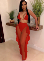 Solid Color Perspective Mesh Yarn Ruffled Trousers Two-Piece Suit