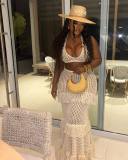 Sexy Solid Color Knitted Halter Neck Tassel Beach Dress Two Piece Set