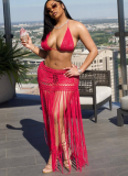 Solid Color Halter Neck Braided Solid Color Tassel Beach Dress Two Piece Set