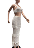 Sexy Solid Color Knitted Halter Neck Tassel Beach Dress Two Piece Set