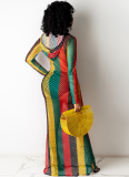 Hollow Sheer Net Gauze Hooded Striped Dress