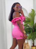 Pink Sexy Tube Top Flower Edge Slim Shorts Two-Piece Set