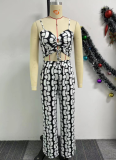 Black Printed Lace-Up Hollow Suspender Wide-Leg Pants Two-Piece Set
