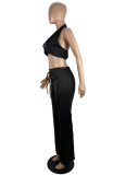 Black Fashion Sexy Solid Color Halter Neck Backless Two Piece Suit