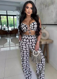 Black Printed Lace-Up Hollow Suspender Wide-Leg Pants Two-Piece Set