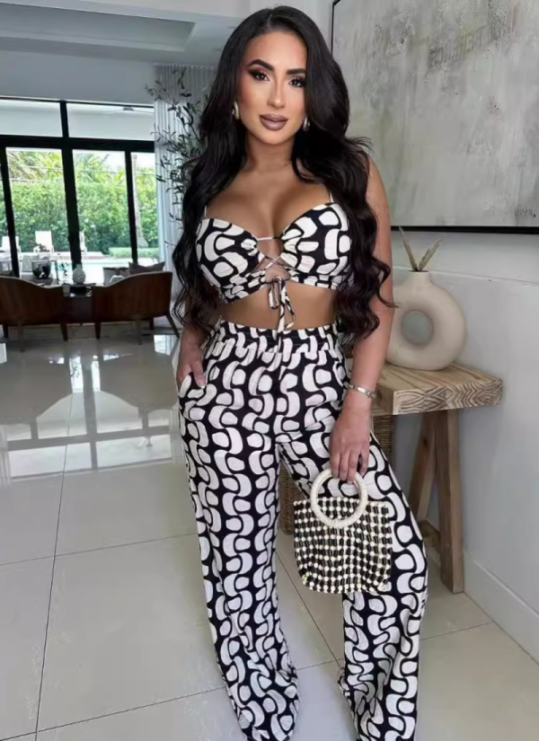 Black Printed Lace-Up Hollow Suspender Wide-Leg Pants Two-Piece Set