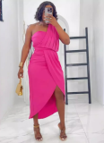 Solid Color Pleated One Shoulder Slim Slit Dress