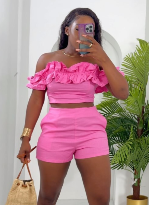 Pink Sexy Tube Top Flower Edge Slim Shorts Two-Piece Set