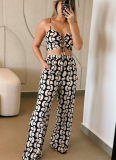 Black Printed Lace-Up Hollow Suspender Wide-Leg Pants Two-Piece Set