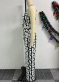 Black Printed Lace-Up Hollow Suspender Wide-Leg Pants Two-Piece Set