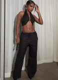 Black Fashion Sexy Solid Color Halter Neck Backless Two Piece Suit