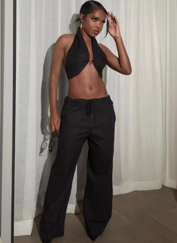 Black Fashion Sexy Solid Color Halter Neck Backless Two Piece Suit