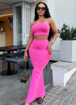 Solid Color Sleeveless Tube Top High Waist Slim Fit Long Skirt Two Piece Set