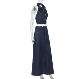 Fashionable Navel-baring Backless Denim Skirt Suit