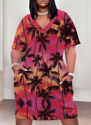Casual Coconut Tree Print V-Neck Plus Size Dress