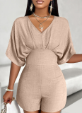 Khaki V-neck Waist Slimming Jumpsuit