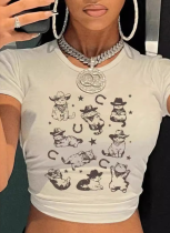 White Navel-Exposed Printed Short-Sleeved T-Shirt