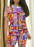 New Graffiti Print Round Neck Short Sleeve Two Piece Suit