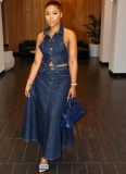 Fashionable Navel-baring Backless Denim Skirt Suit