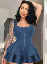 Blue Fashionable Casual Versatile Zipper Denim Jumpsuit