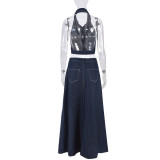 Fashionable Navel-baring Backless Denim Skirt Suit