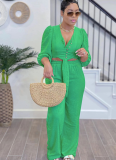 Solid Color Cardigan Long Sleeve Fashion Casual Trousers Two Piece Set