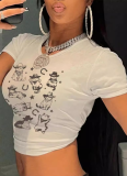 White Navel-Exposed Printed Short-Sleeved T-Shirt