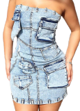 Sexy Tube Top Slim Fit 3D Pocket Denim Dress