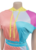Fashion Women's Printed Short-Sleeved Color-Blocked Long Skirt Two-Piece Suit