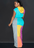 Fashion Women's Printed Short-Sleeved Color-Blocked Long Skirt Two-Piece Suit