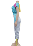 Fashion Women's Printed Short-Sleeved Color-Blocked Long Skirt Two-Piece Suit