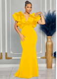 Fashion Women's Solid Color Short Sleeve V-Neck Long Dress