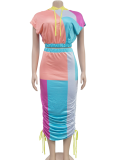 Fashion Women's Printed Short-Sleeved Color-Blocked Long Skirt Two-Piece Suit