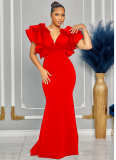 Fashion Women's Solid Color Short Sleeve V-Neck Long Dress