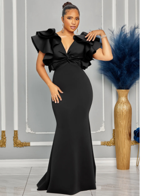 Fashion Women's Solid Color Short Sleeve V-Neck Long Dress