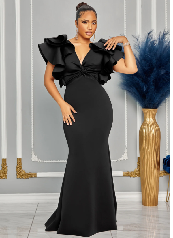 Fashion Women's Solid Color Short Sleeve V-Neck Long Dress