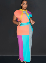 Fashion Women's Printed Short-Sleeved Color-Blocked Long Skirt Two-Piece Suit