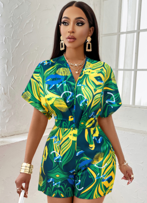 Sexy Printed V-Neck Short Sleeve Waisted Jumpsuit