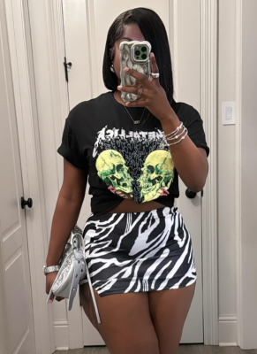Slim Fit Sexy Fashion Short Sleeve T-shirt Hip Skirt Printed Two-Piece Set