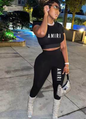Fashion Round Neck Letter Print Navel-Exposed Sports Two-Piece Suit