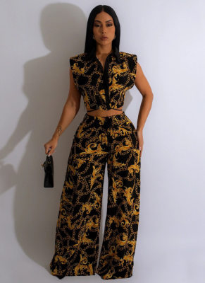 Sexy Fashion Printed Lace-Up Sleeveless Two-Piece Suit
