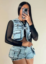 Multi-Pocket Vest Casual Stretch Denim Two-Piece Suit
