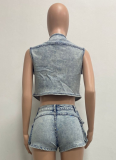 Multi-Pocket Vest Casual Stretch Denim Two-Piece Suit