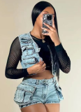 Multi-Pocket Vest Casual Stretch Denim Two-Piece Suit