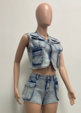 Multi-Pocket Vest Casual Stretch Denim Two-Piece Suit