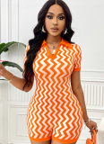 Summer Lapel Striped Short Sleeve Jumpsuit