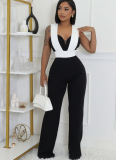 Colorblock Suspenders Stretch Wide-Leg Zip-Up Jumpsuit