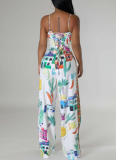 High Waist Wide Leg Adjustable Shoulder Strap Printed Two Piece Suit